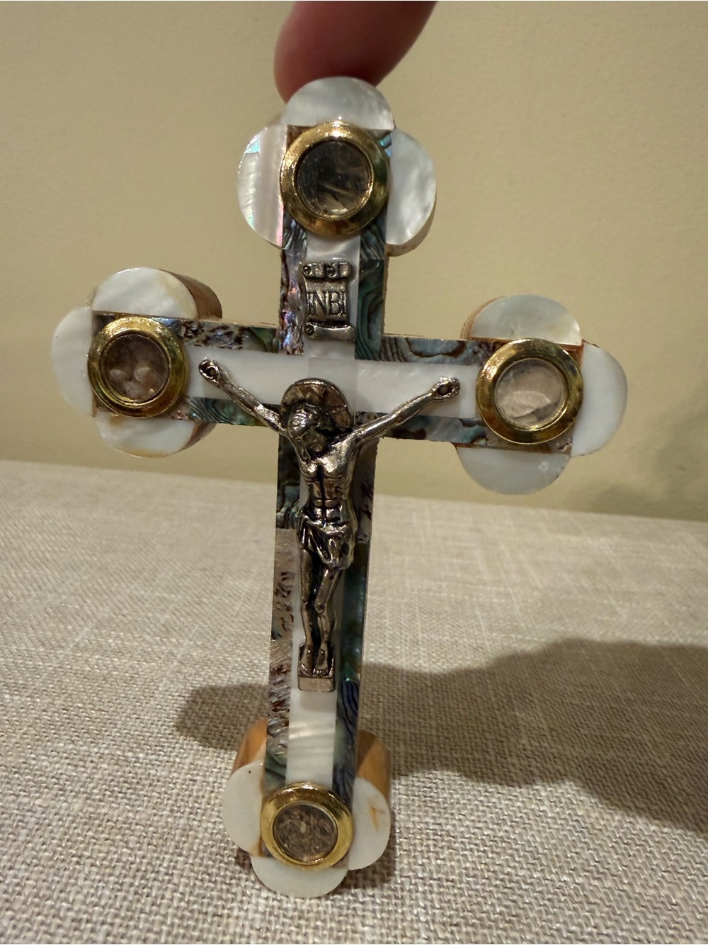 Vintage Jerusalem Olive Wood Mother of Pearl Abalone Crucifix Relic Wall Cross